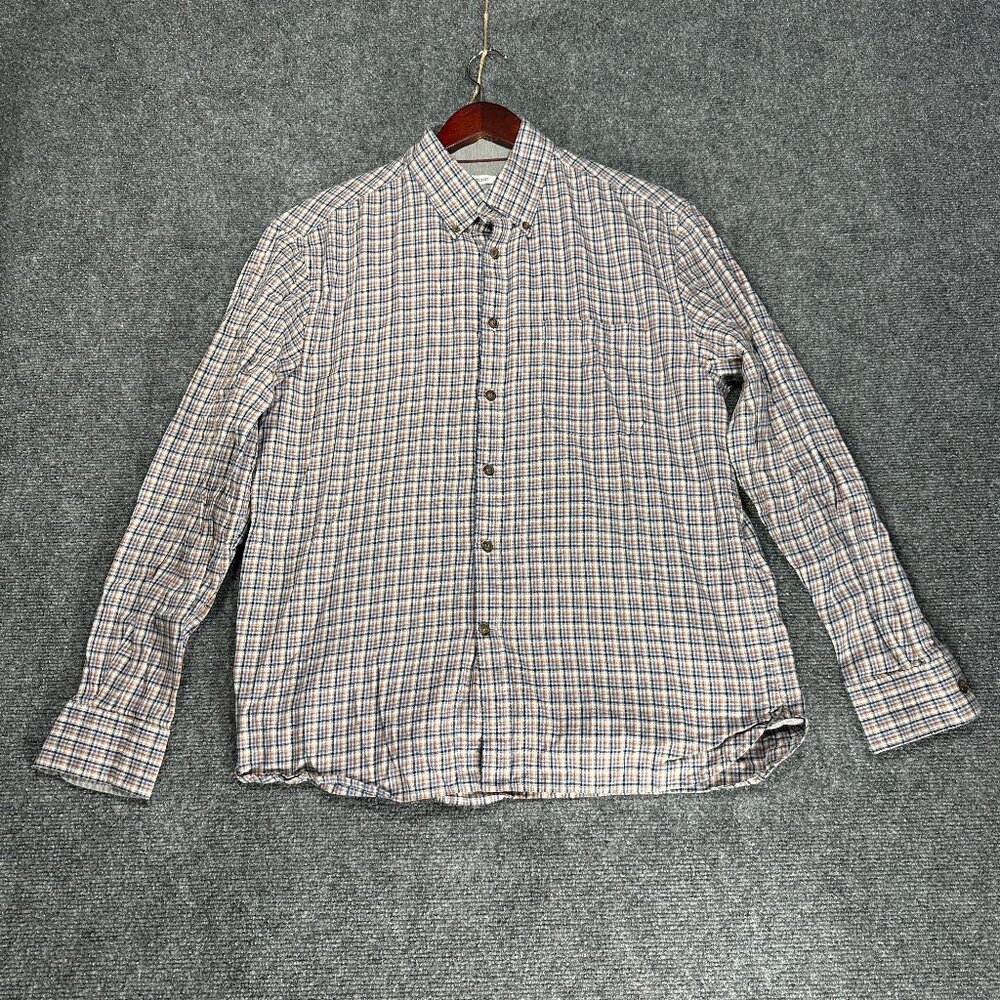 Jos A Bank Shirt Mens Large Blue Tan Plaid Cotton Flannel Tailored Fit Pocket